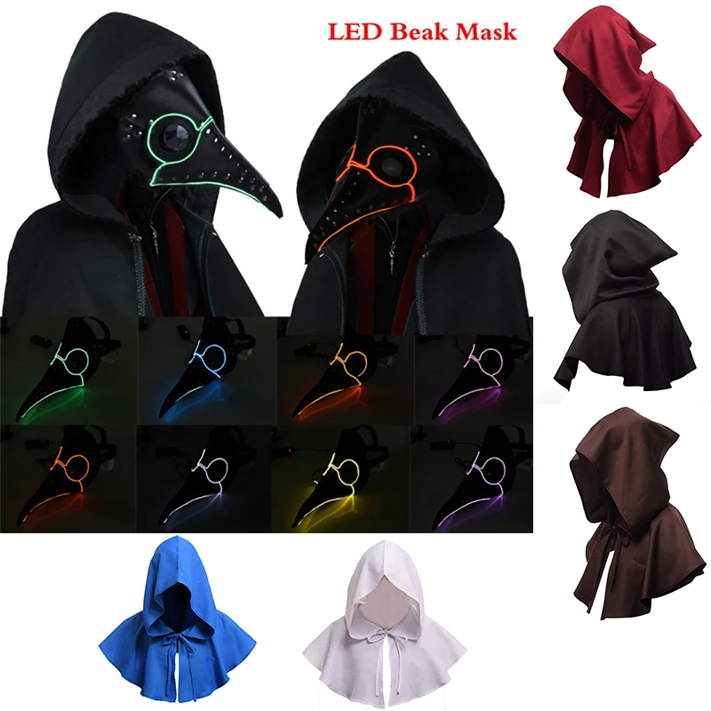 

LED Light Up Glowing Plague Doctor Mask with Cloak Hooded Hat Bird Beak Halloween Gothic Cosplay Carnaval Costume Props
