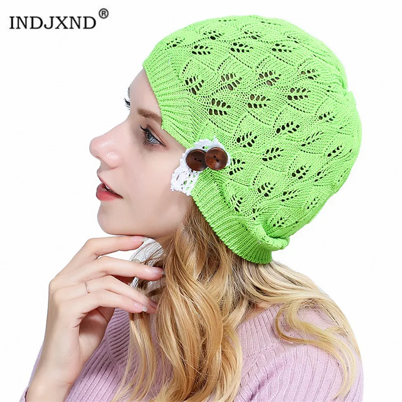 INDJXND Beanies для дам, модная женская вязаная шапка, повседневные просвечивающиеся листья, кружевная пуговица, шерстяная шапка, женские повседневные шапочки