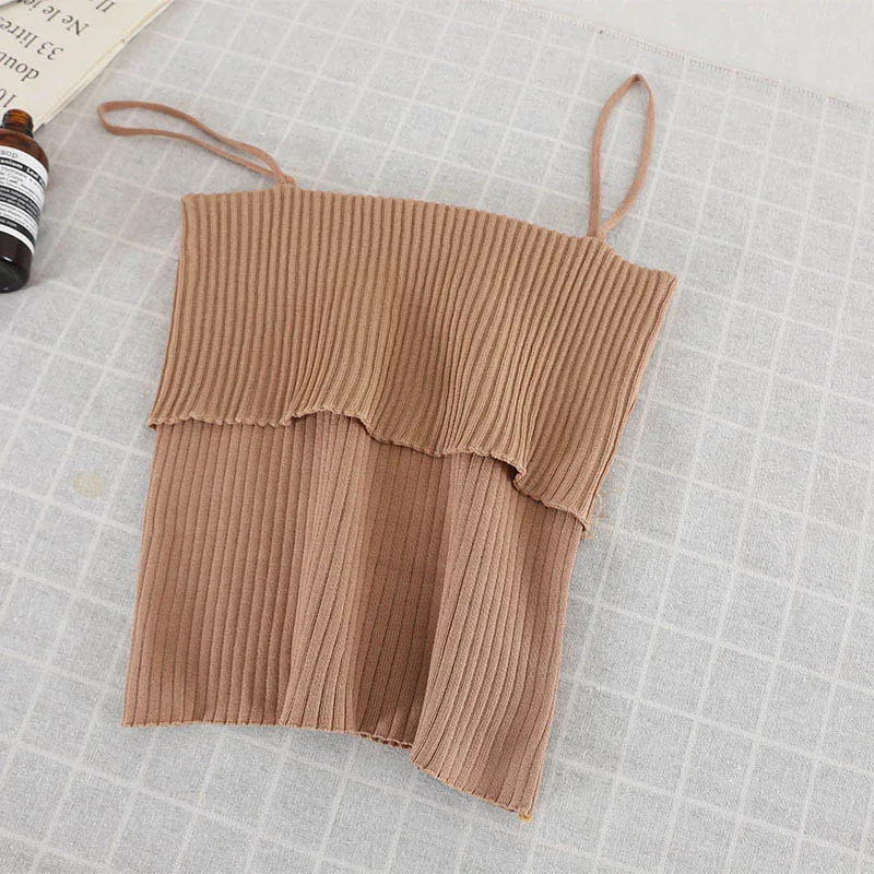 KHAKI HELIAR Knitting Spaghetti Pleated Camis Korean Style Camisole Casual Vest Female Camiss Summer Casual Solid Tank Tops - Цвет: KHAKI