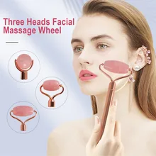 Three Heads Facial Massage Wheel with Handle Artificial Jade Skin-friendly Handheld Neck Massage Wheel Replaceable Rolling