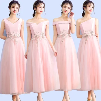 

Embroidery Vintage Bridesmaid Dress Pink Guest Wedding Party Dress Elegant Off The Shoulder Tea-Length Plus Size Prom Vestidos