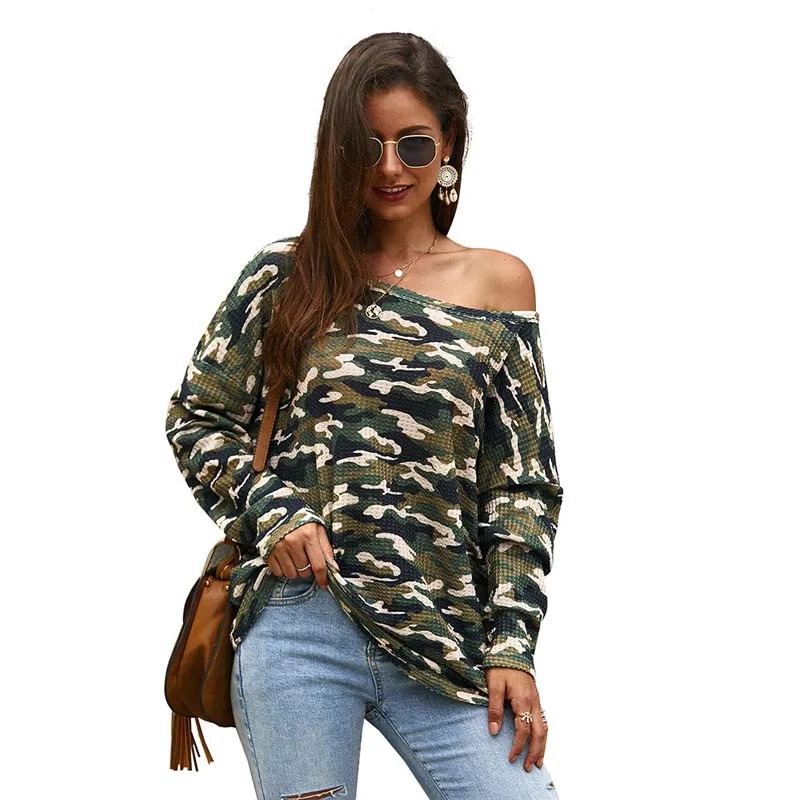 

2019 Autumn Knitted Sweater Dress Off Shoulder Sweaters Ladies Sexy Loose Pullovers Female Camouflage Print Sweater for Women