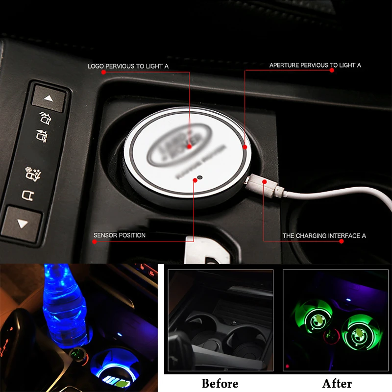 2 шт. светодиодный светильник с логотипом автомобиля s для Audi BMW Ford Toyota Honda 7 цветов атмосферный светильник светодиодный коврик лампы для бутылок зарядка через usb