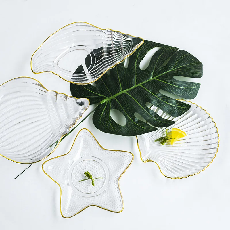Ocean Series Transparent Lead-free Crystal Glass Conch Styling Bowl Tray Phnom Penh Starfish Scallops Plate Dinnerware Set