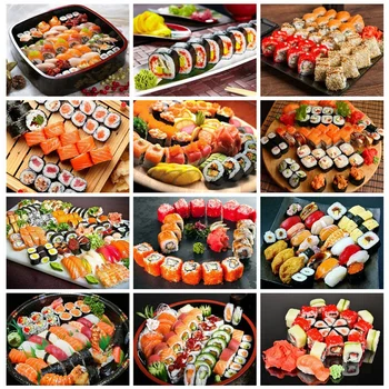 

Huacan 5d Diamond Painting Full Drill Square/round Food Mosaic Sushi Embroidery Landscape Decorations For Home