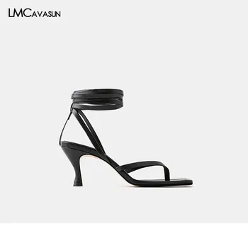 

LMCAVASUN Summer square toe women lace up sandals 6.5cm thin heel women sandals