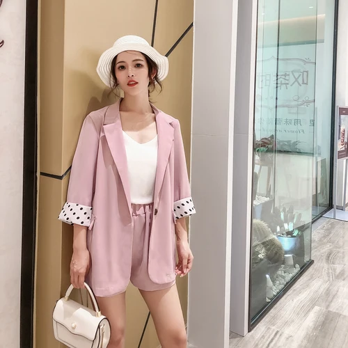 

Spring And Summer Korean Edition Thin Casual Small Suit Top Shorts Two Piece Polka Dot Patchwork Women Suits Set