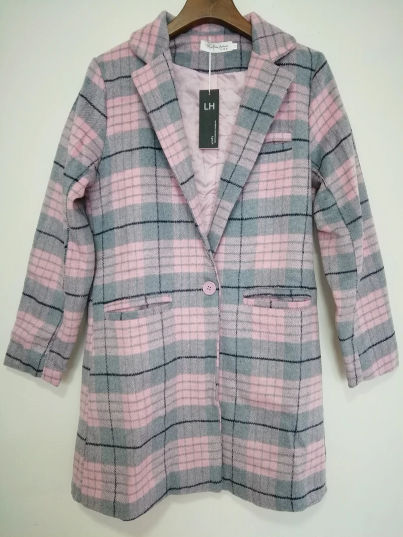 Lguc. H зимнее женское пальто, модное длинное теплое пальто, Женское шерстяное пальто, женская куртка, толстое пальто, голубое, розовое, в Корейском стиле, в клетку XXL
