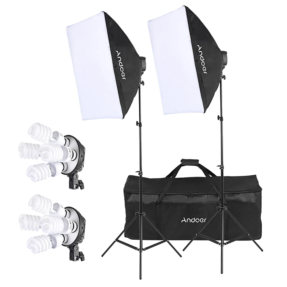 

Andoer Studio Photo Lighting Kit with 2 * Softbox 2 * 4in1 Bulb Socket 8 * 45W Bulb 2 * Light Stand 1 * Carrying Bag