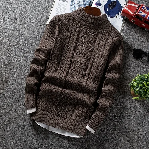 Мужской зимний толстый теплый вязаный свитер Повседневный пуловер Водолазка с длинным рукавом Slim Fit Мужские пуловеры свитера - Цвет: Коричневый