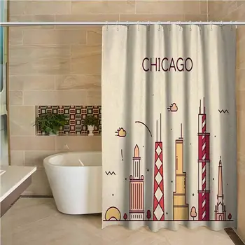 

Chicago Skyline Waterproof and colorful shower curtain Hand Drawn Style American Town with Historical and Famous Buildings Print
