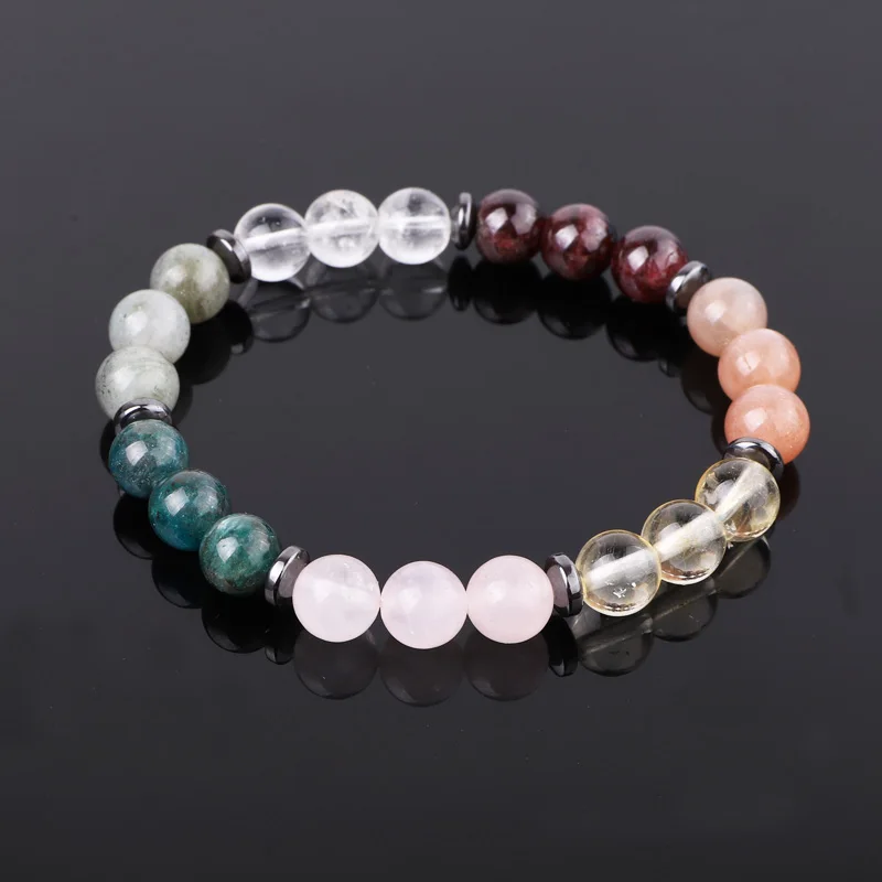 New Design High Quality Natural Gem Stone 8mm Apatite Sunstone Garnet Beads Elastic Bracelet For Women
