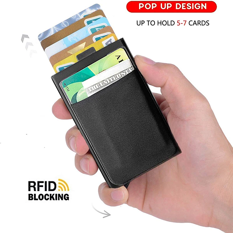 Кредитный держатель для карт, маленький кошелек Blk, эластичность, задняя кнопка, RFID Блокировка, Умный кошелек, тонкий металлический кошелек, авто всплывающий ID держатель для карт