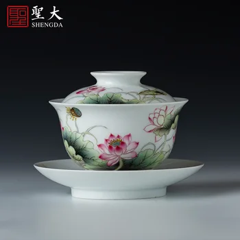 

Shengda ceramic Sancai tea cup hand painted pink lotus tea bowl handmade Jingdezhen kungfu tea set