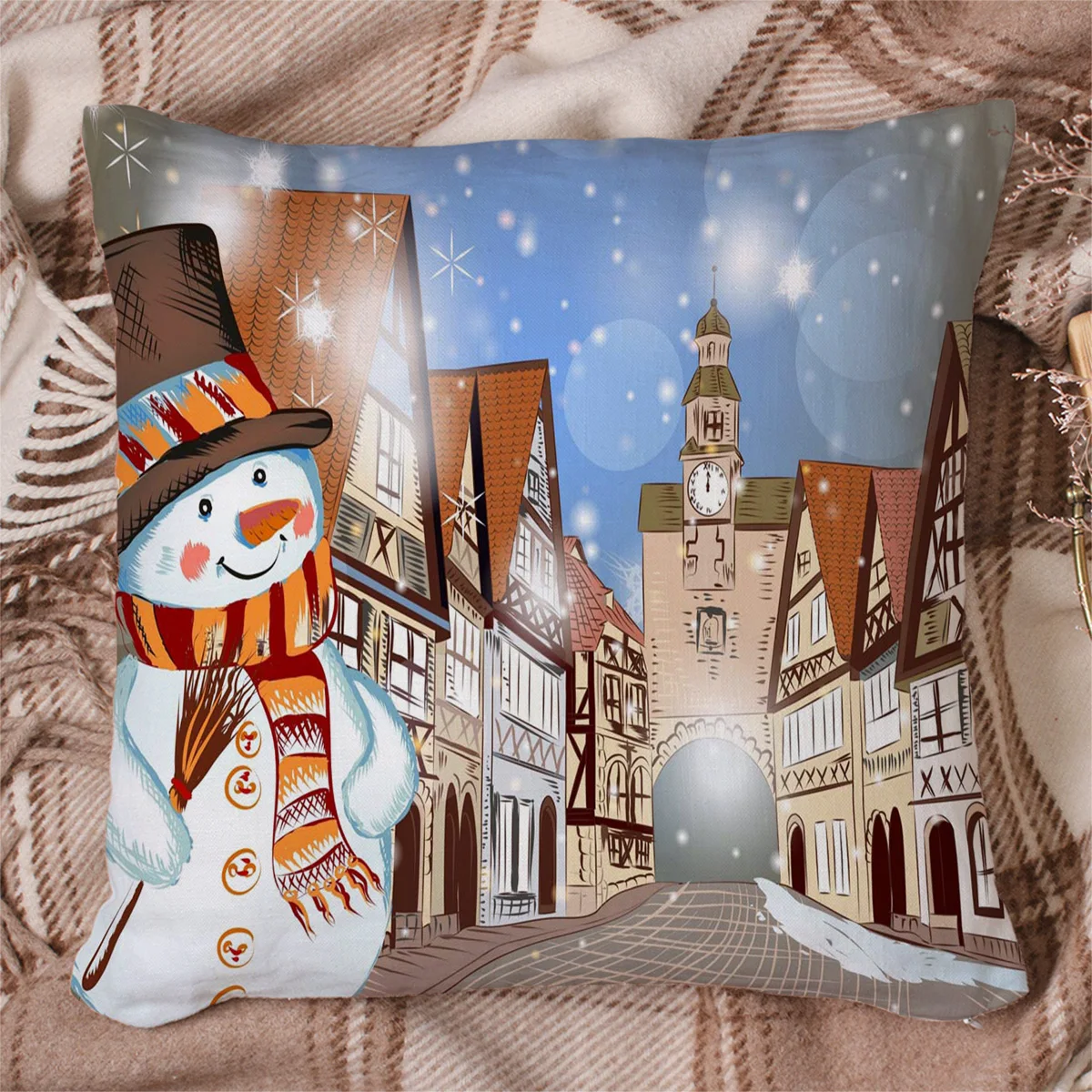 Merry Christans, снеговик, Mordern City, наволочки для подушек, наволочки с рисунком, наволочки с квадратным принтом
