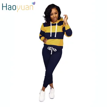 

HAOYUAN Casual Striped Two Piece Set Long Sleeve Hoodies + Lace Up Pants Suit Women Clothing Fall Outfits 2 Piece Matching Sets