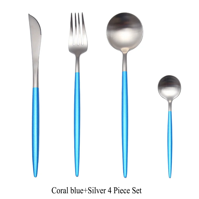 Coral blue Silver 4 шт./компл. черный набор столовых приборов Нержавеющая сталь столовая посуда набор золотистый и столовые приборы, Ножи Ложка свадебный набор серебряных изделий Прямая - Цвет: Coral blue Silver