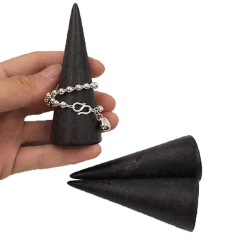 

Vintage Black Wooden Ring Holder Display Cone Rack Solid Wood Finger Trinket Stand Storage Organizer Jewelry Ring