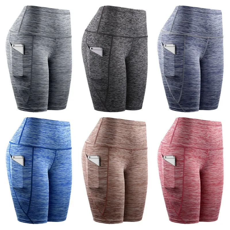 Для женщин со средней талией шорты для йоги с косыми карманами, для бега, тренировочные спортивные быстросохнущие облегающие тянущиеся для фитнеса шорты