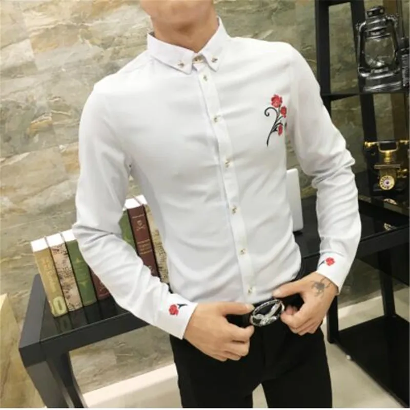 Высокое качество Мужская рубашка Мода Весна Slim Fit Вышивка платье рубашки мужские с длинным рукавом Ночной клуб рубашка на каждый день мужчины - Цвет: 2
