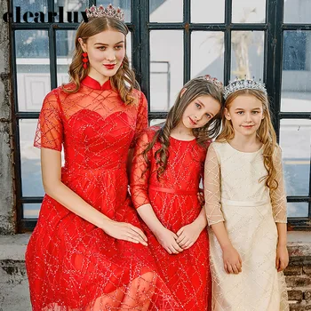 

Mother-child Formal Evening Dress DB152 Pattern A-Line Robe De Soiree High Collar Short Sleeve Parent Child Banquet Gowns 2020