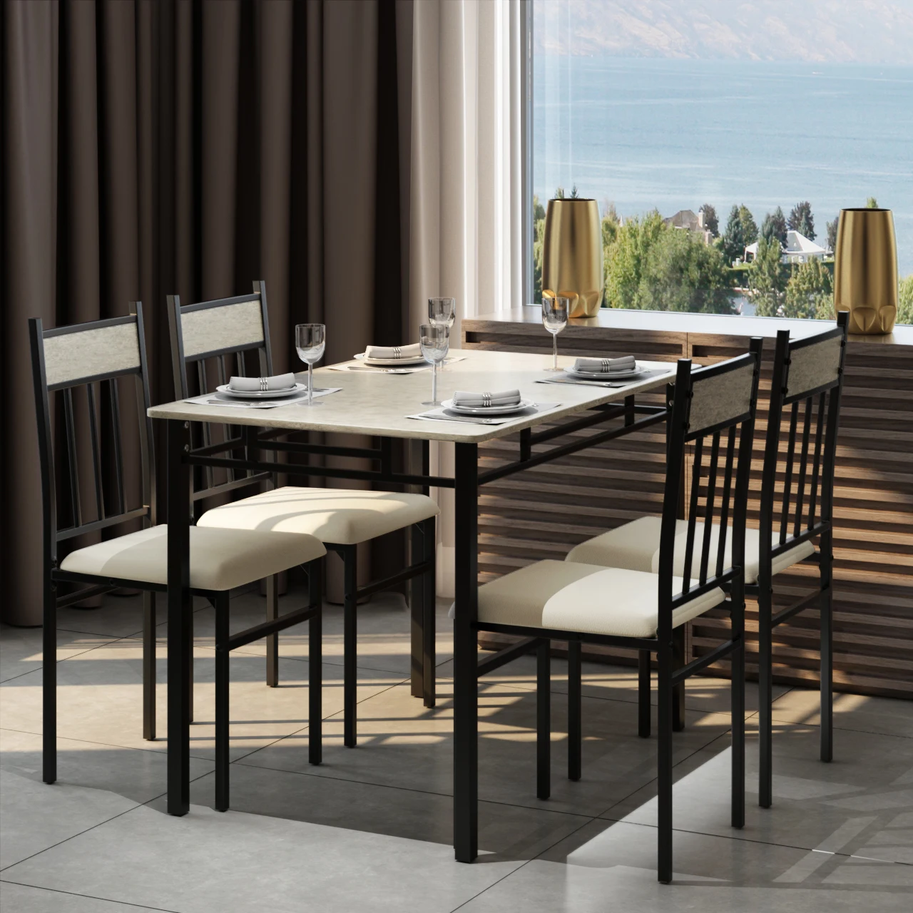 

Costway 5 Piece Faux Marble Dining Set Table and 4 Chairs Kitchen Breakfast Furniture