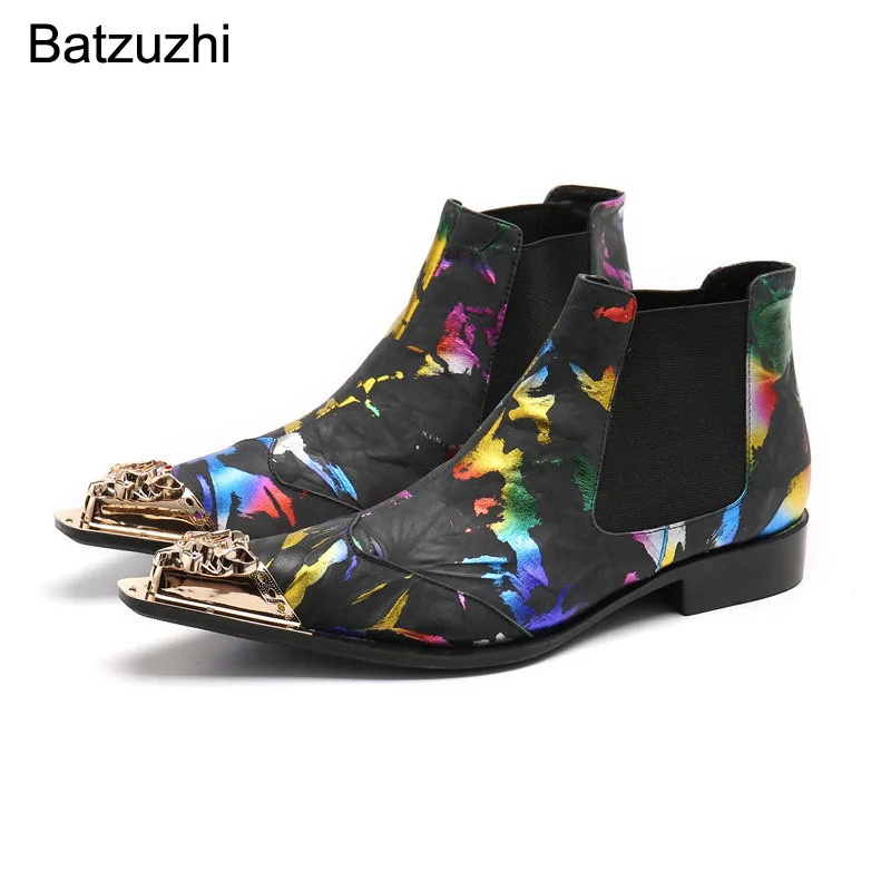 

Ботильоны Batzuzhi Puck мужские из натуральной кожи, модная обувь с золотым металлическим носком, ботинки для вечевечерние/мотоциклов, цвет черный