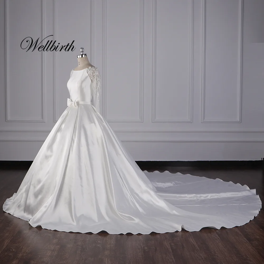 Реальное изображение Wellbirth Vestido de novia Платье с вырезом лодочкой сзади свадебное платье со шнуровкой сзади Свадебное платье js011