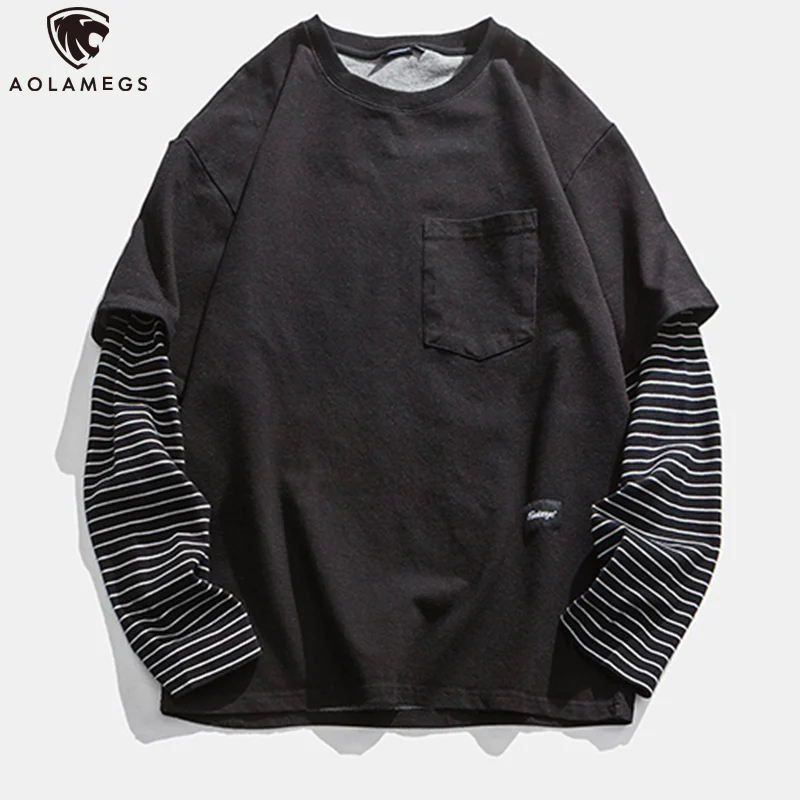 

Aolamegs Men Sweatshirts Japanese Retro Fake 2 Pieces Pullovers Casual Bottoming Couple Hoodies All-match Spring Streetwear