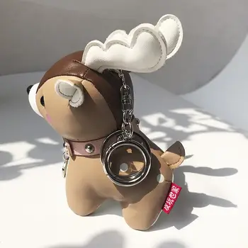 

New Christmas Deer Keychain PU Leather Animal Keyring Holder Bag Charm Trinket Chaveiros Bag Accessories Punk Style Pendant