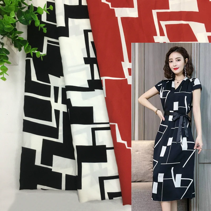 Белый, черный и красный мягкий геометрический принт атласная ткань платье рубашка, по метру