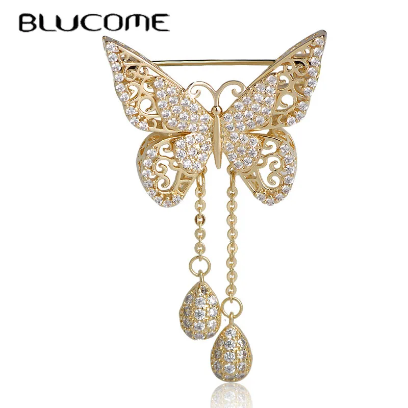 Женская Брошь с двойной бабочкой Blucome Медная брошь подвеской кисточкой украшение