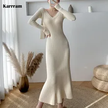 Karrram – robe tricotée mi longue noire, couleur unie, col en v, manches longues, pull élégant, collection automne hiver 2021