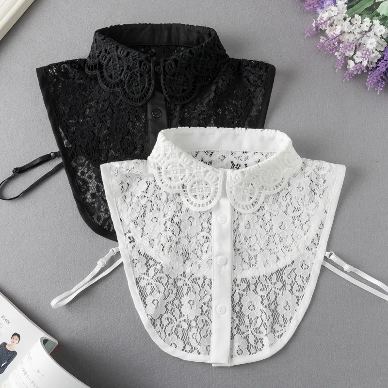 

White Lace Floral Hollow Fake Collar Half Shirt Ladies Shirt False Collar Woman Detachable Collar Lapel Faux Col Tie
