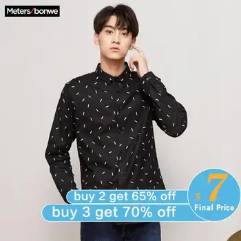 

METERSBONWE Men Shirt Long Sleeve New Spring Autumn Polka Dot Literary Print Brushed Slim Bottoming Shirt