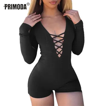 

Long Sleeve Playsuits Women Classic Casual Sexy Deep V-Neck Front Lace Up Bodycon Rompers Shorts Solid Jumpsuits Club PR264M