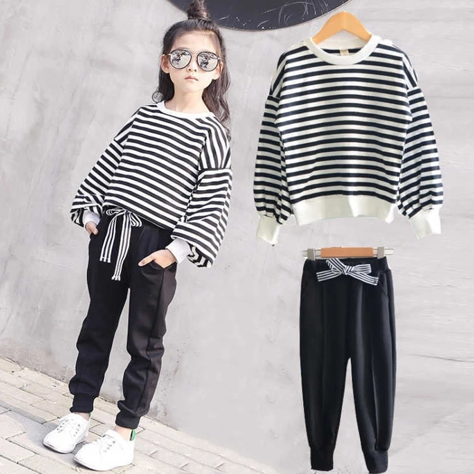 2021 Children Clothing winter Autumn Stripe T-shirts + pants Girls tracksuit Sets Striped Teenager 4 5 6 7 8 10 11 12 13 Years | Детская