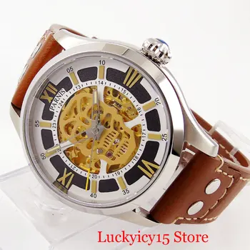 

PARNIS 43mm Skull Automatic Men Wristwatch Hollow Gold Dial Polished Case Special Design Leather Strap