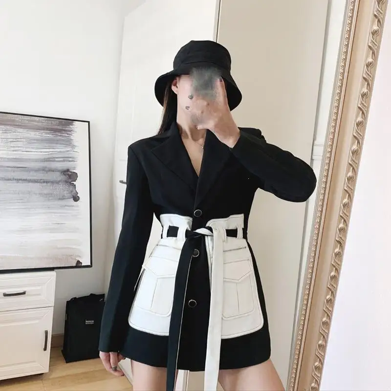 Elegant Women Blazer Coat Notched Patchwork Long Sleeve Suit Jacket Belt Female Fashion Slim Blazer Jacket Ol Style Blazer