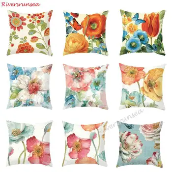 

Color Painted Pink Flower Pillow Pastoral Style Garden Peony Flowers Bird Garland Butterfly Printed Chair Cushion For Home Decor