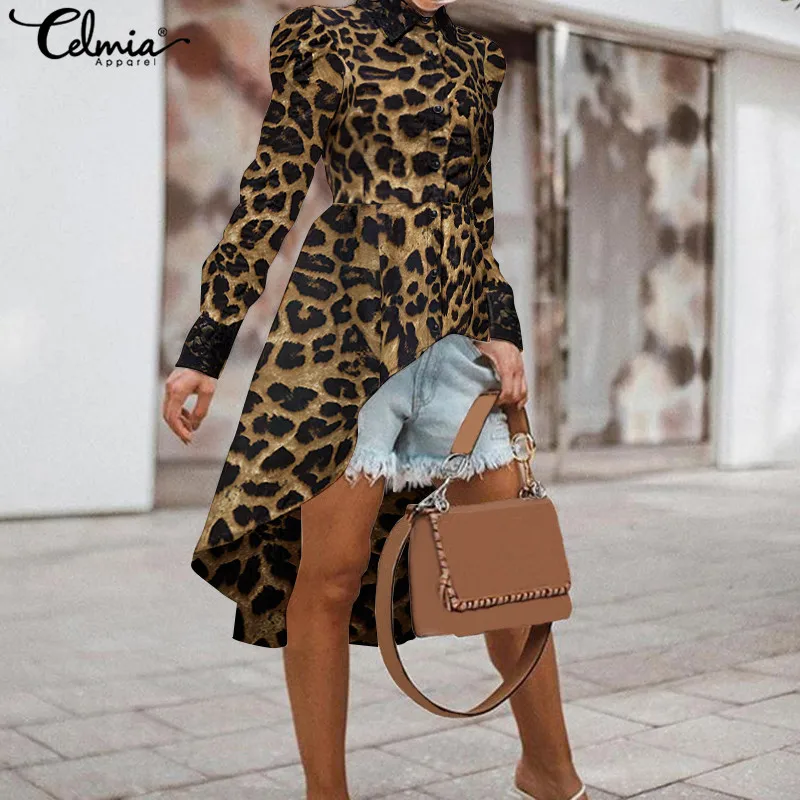  Celmia Stylish Tops Women Sexy Leopard Print Blouse Autumn Long Sleeve Elegant Office Shirts Asymme