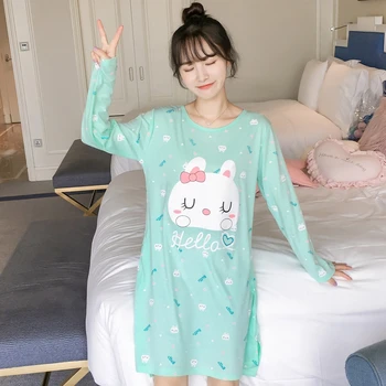 

Girls Cute Cartoon Nightgowns For Women Spring Autumn 100% Cotton Night Dress Long Sleeve Home Dress Female Sleepwear Nightdress