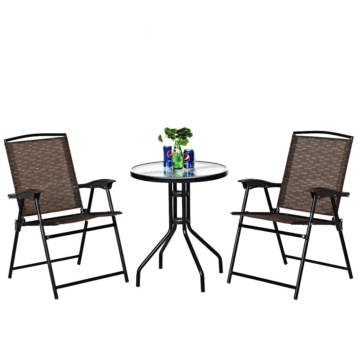 Costway 3pc Bistro Patio Garden Furniture Set 2 Folding Chairs Glass Table Top Steel Aliexpress