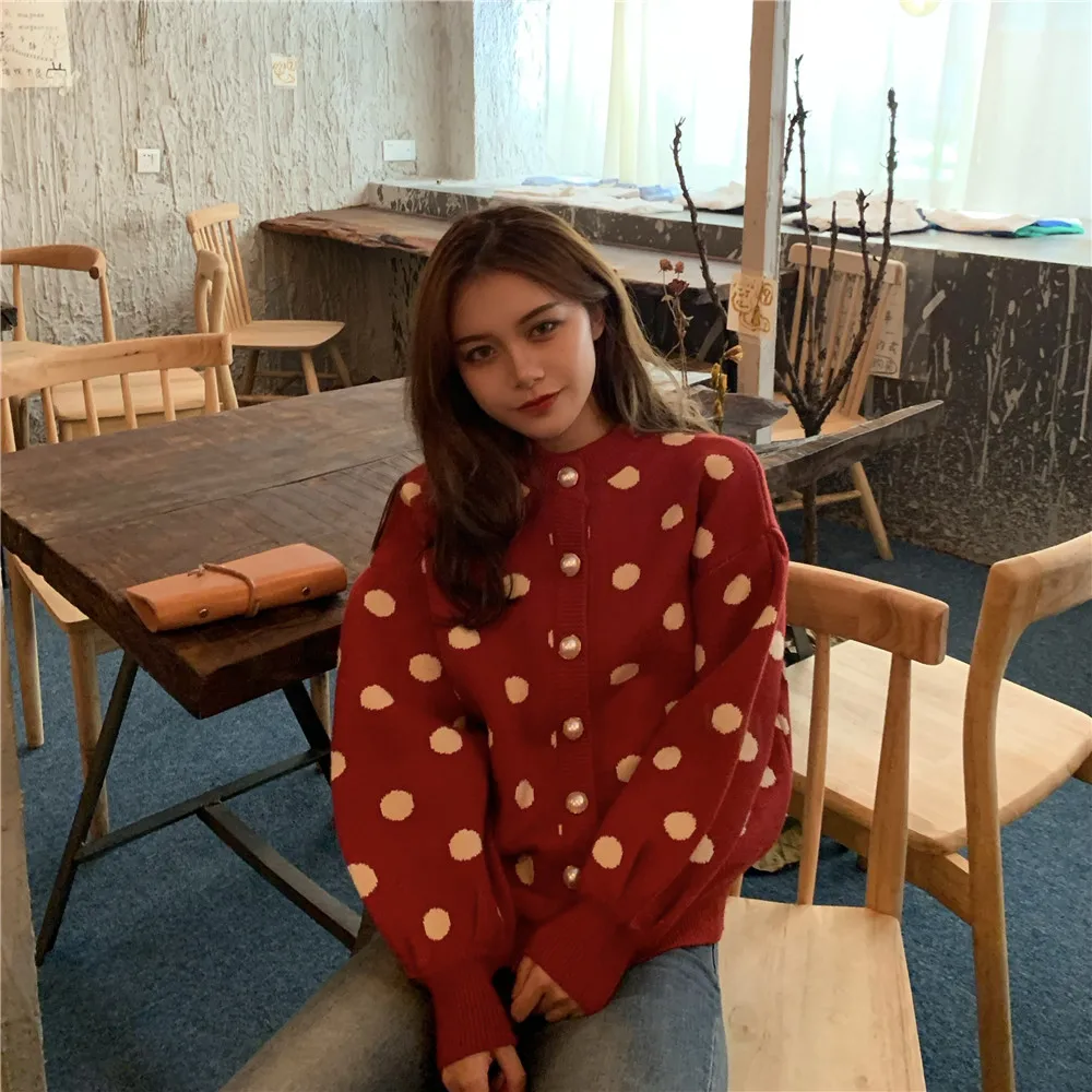Woherb, милый женский кардиган в горошек,, осень, зима, Harajuku, винтажный свитер, пальто, корейский стиль, вязанный джемпер, топы, Sueter
