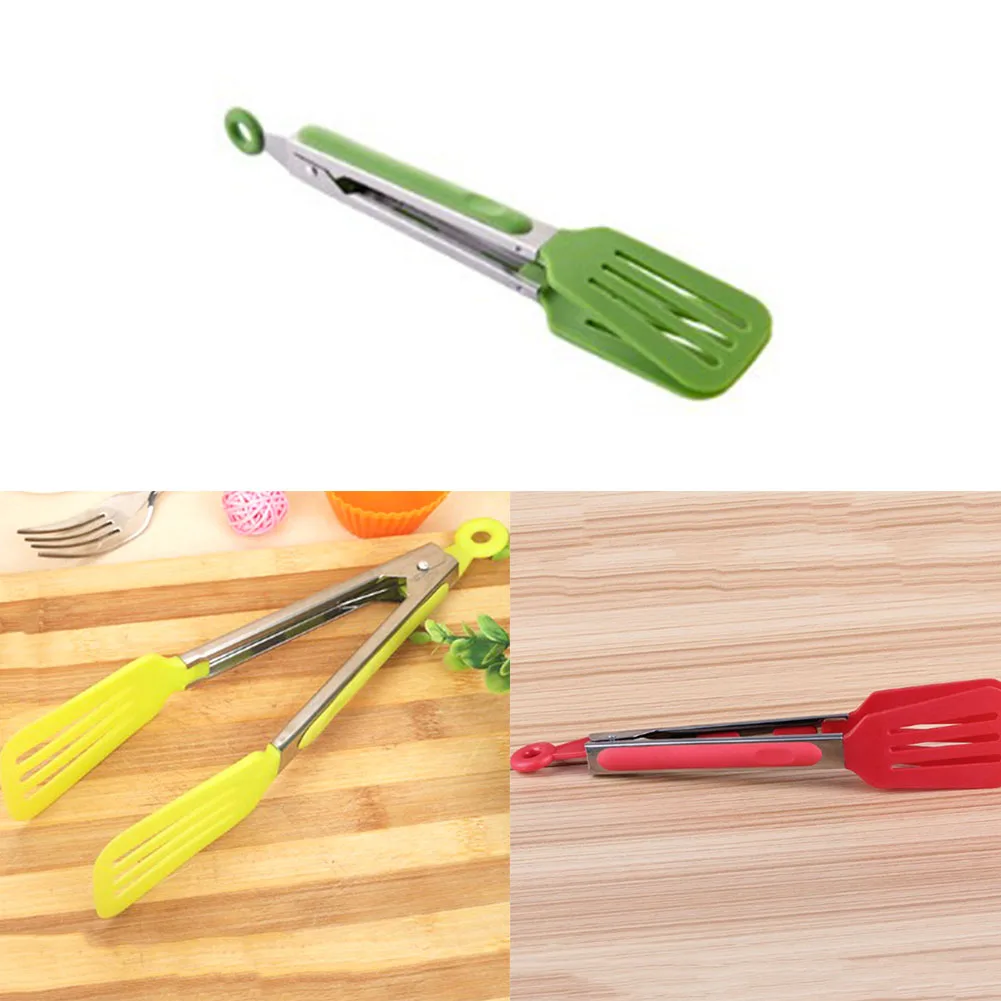 1pcs Colorful BBQ Tongs Silicone Cover Handle Kitchen Tongs Lock Design Barbecue Clip Clamp Stainless Steel Food Tongs