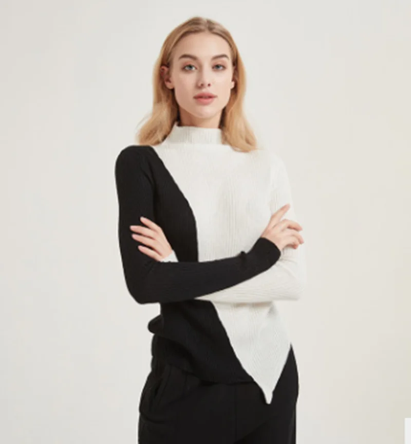 

2020 spring new style turtleneck sweater women fashion two-color stitching medium-length Slim Slim Europe and the United States