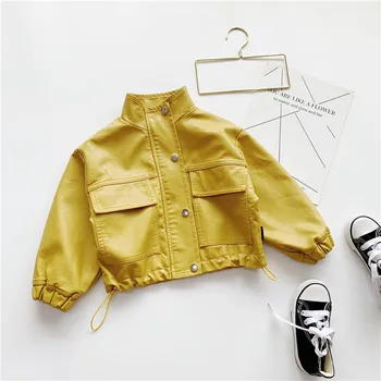 

Gooporson Little Girls Clothes Fall Single Row Button Leather Coat Yellow Kids Outwear Fashion Korean Children Jackets Tops