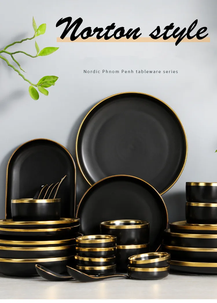 Gilt Rim Quality Ceramic Dinner Plate Set Porcelain Main Dish Serving Tray Dessert Salad Dishes Service For Restaurant Home