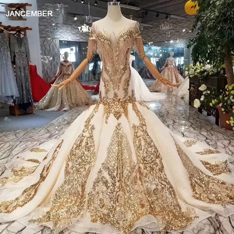 Роскошные свадебные платья русалки LS22005 с золотыми кружевами круглым вырезом