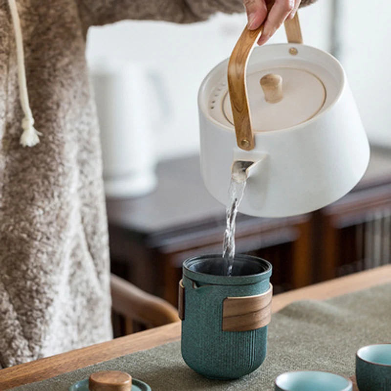 Chinese Kung Fu Tea Set, Outdoor Travel Picnic Camping, One Pot and Cups, Portable Blue Glaze Teapot, Retro Teaware